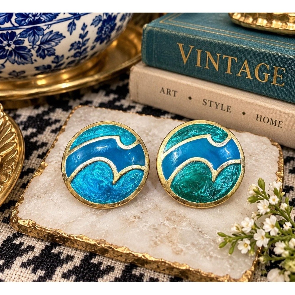 VTG Enamel Round Statement Earrings Teal Blue Green Gold Tone Mod Abstract 1.5"